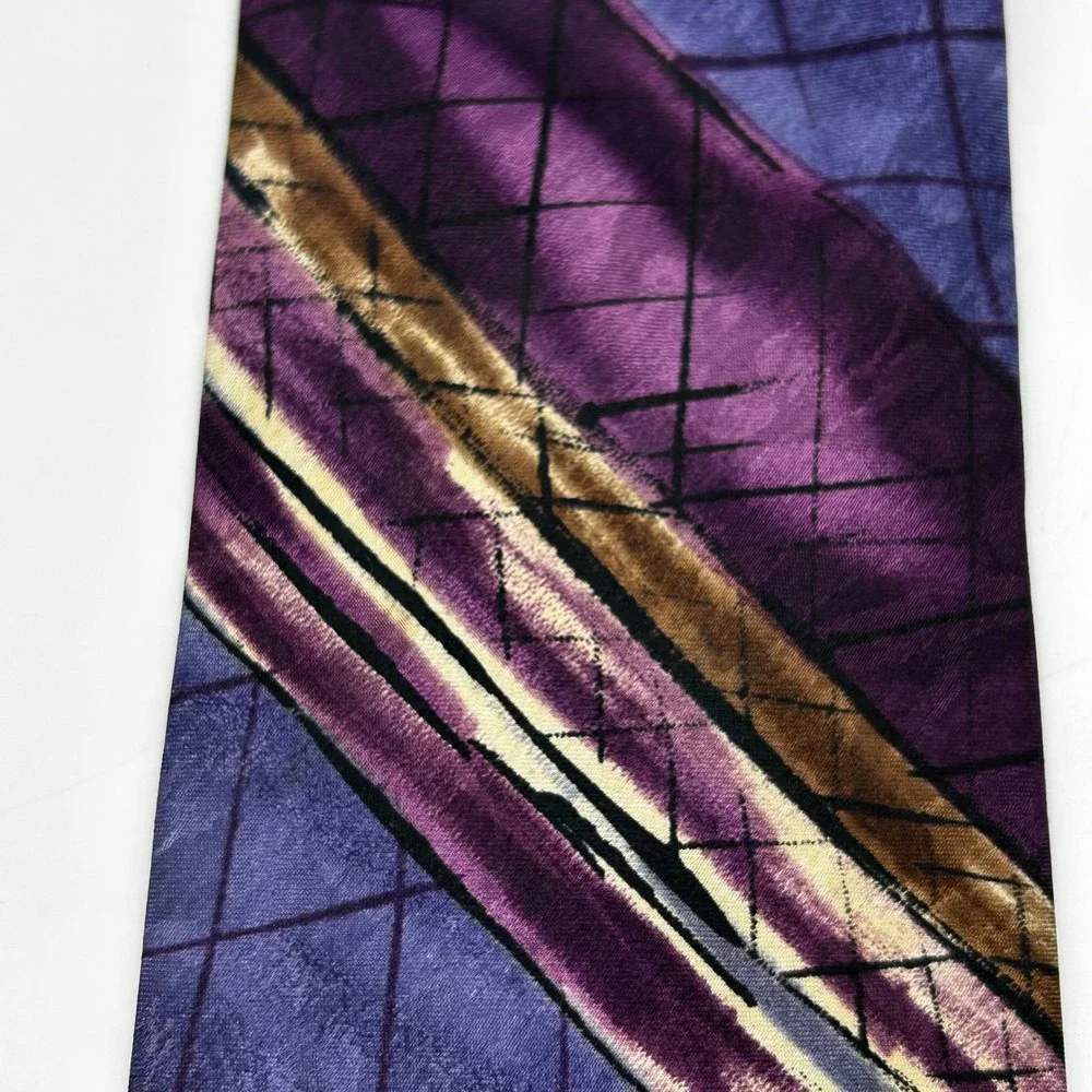 Oleg Cassini Necktie Purple Brown Mens Abstract Geometric Striped EUC 54 x 4 in